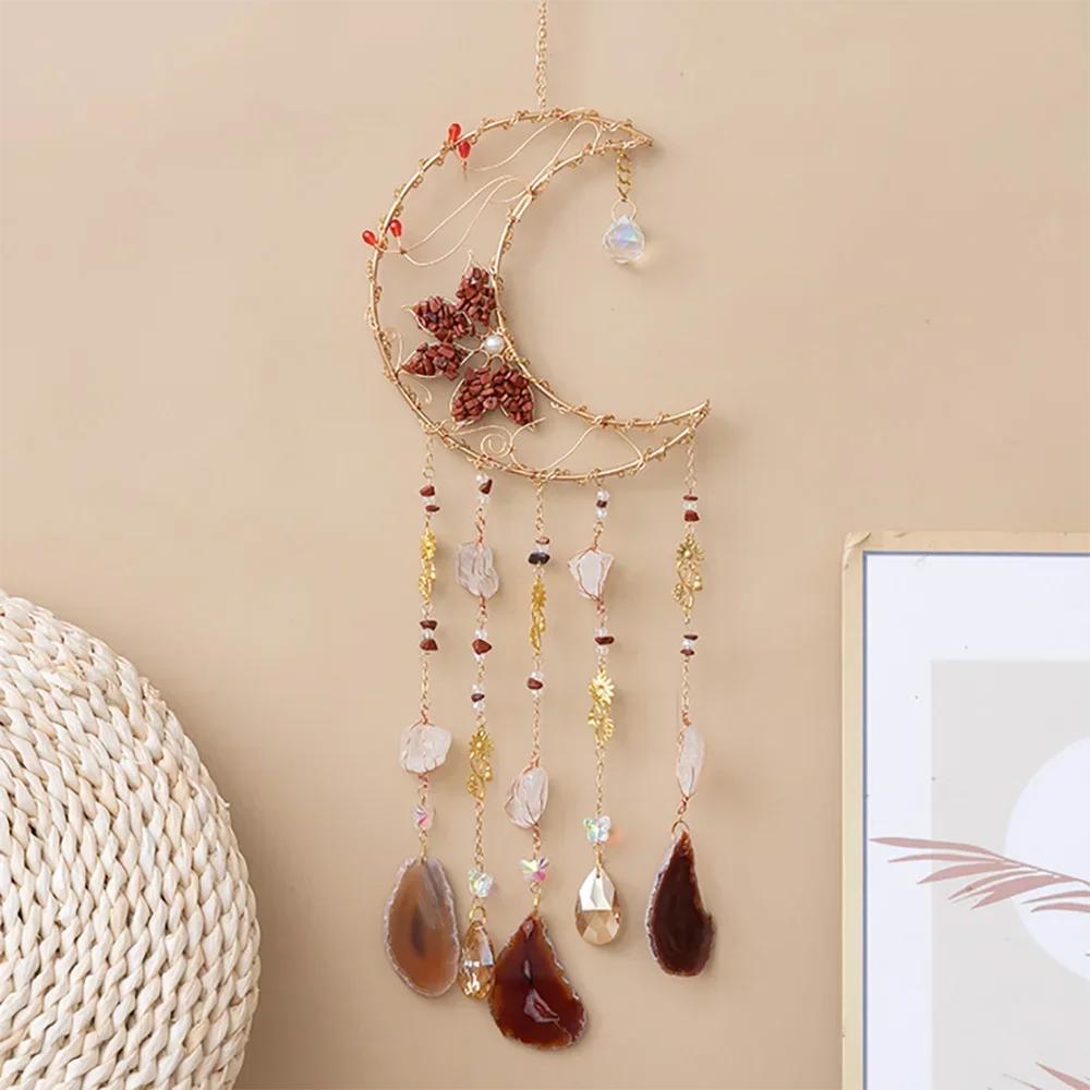 Agate Moon Dream Catcher Natural Agate Bedroom Wall Hanging 7 Chakra Gemstone Crystal Dream Catchers Garden Wall Hanging Decor