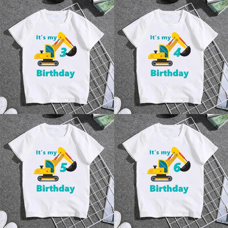 

Lovely Construction Excavator T Shirt Funny Boy's 2-9 Yrs Birthday Party T-shirt Children Summer Short Sleeve Tshirt White