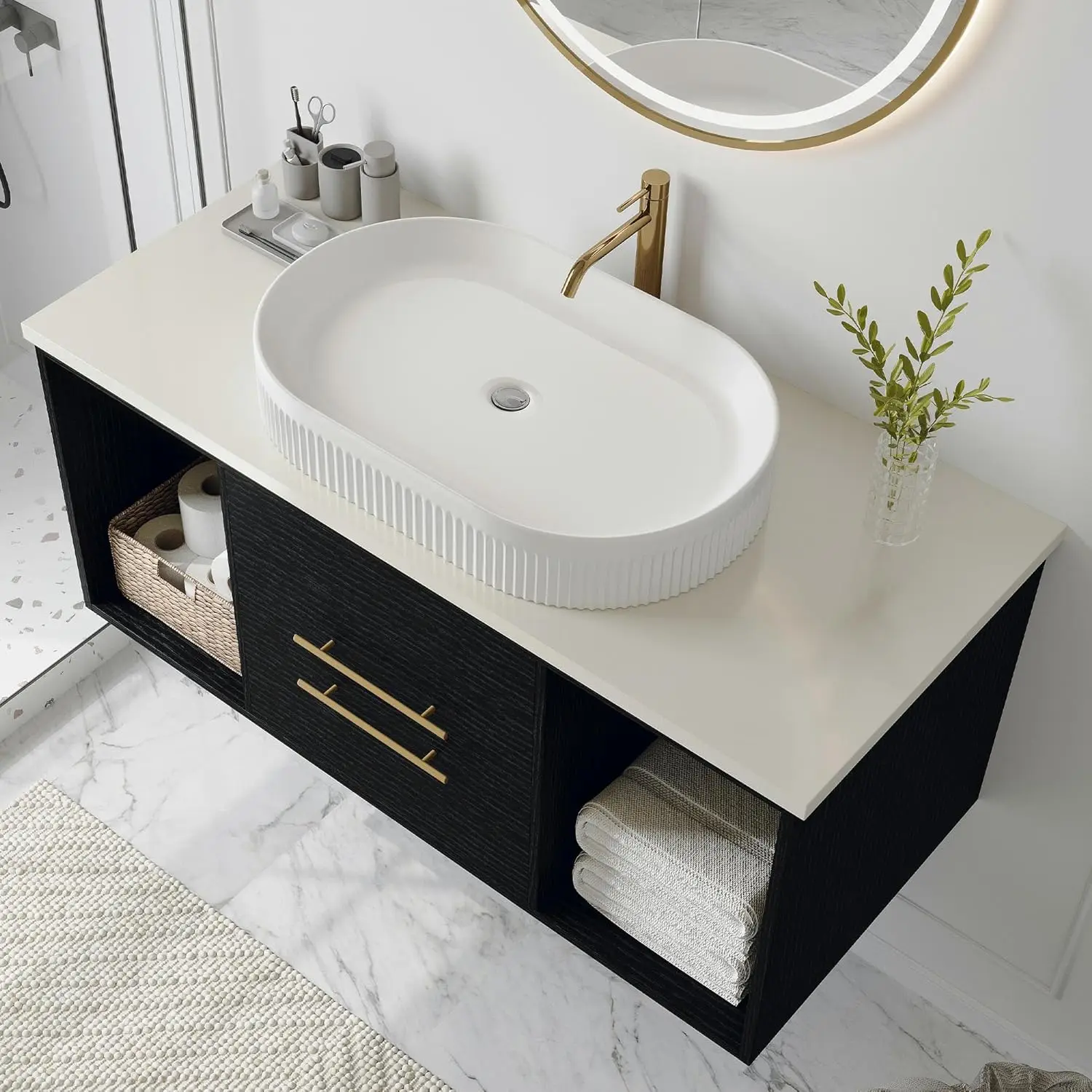 40'' Modern Floating Bathroom Vanity with Premium AAA Grade Ceramic Sink, Wall-Mounted Solid Wood Cabinet, 2 Drawers, Customized