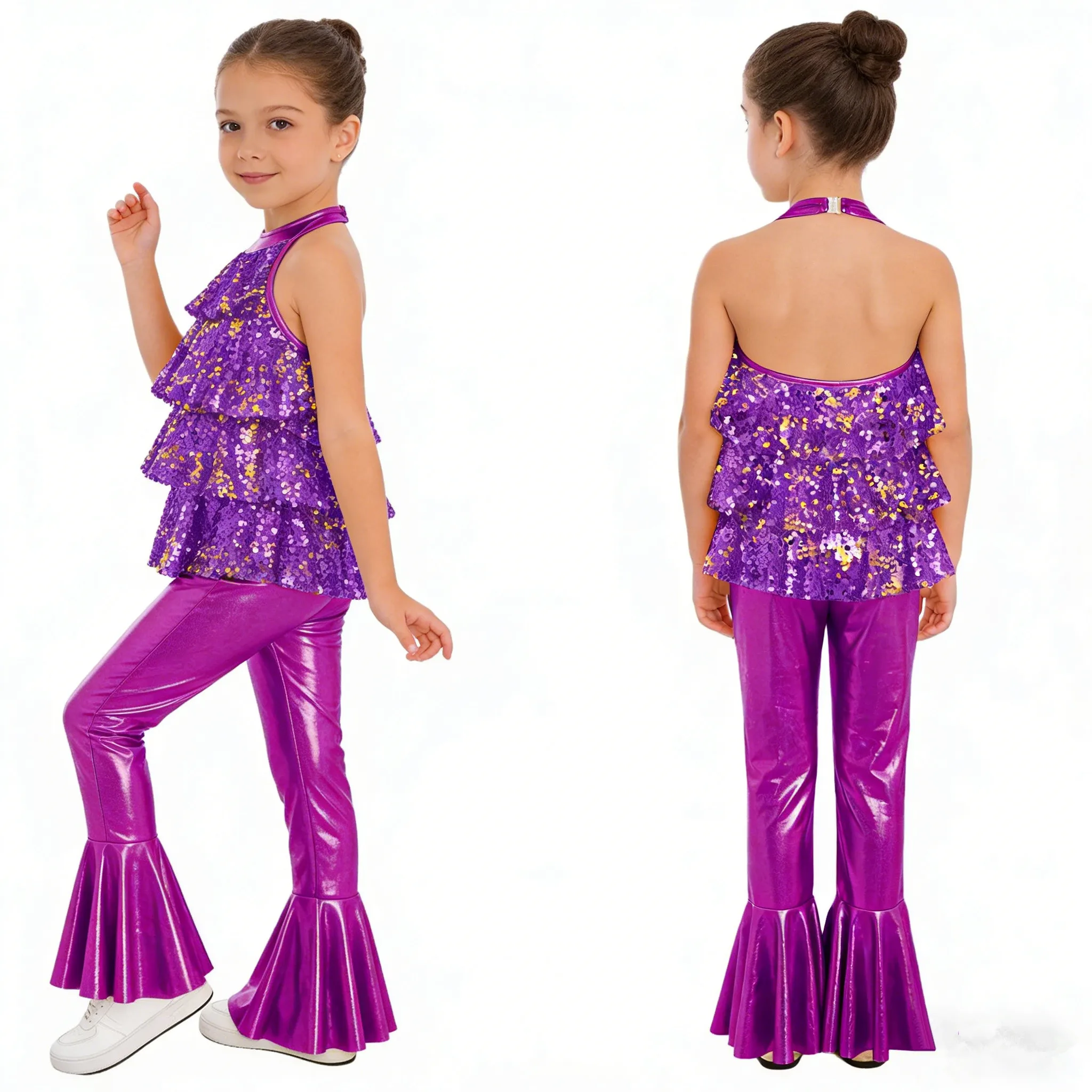 Kids Girls 70s Disco Jazz Dance Flared Jumpsuit Metallic Shiny Bell-bottom Bodysuit for School Party Carnival Stage Performance