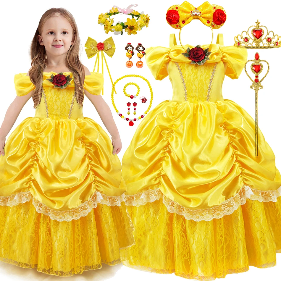 Girl Belle Dress Beauty Cosplay Costume Princess Deluxe Applique Outfit Children Birthday Party Elegant Gown Fairy Disguise Sets