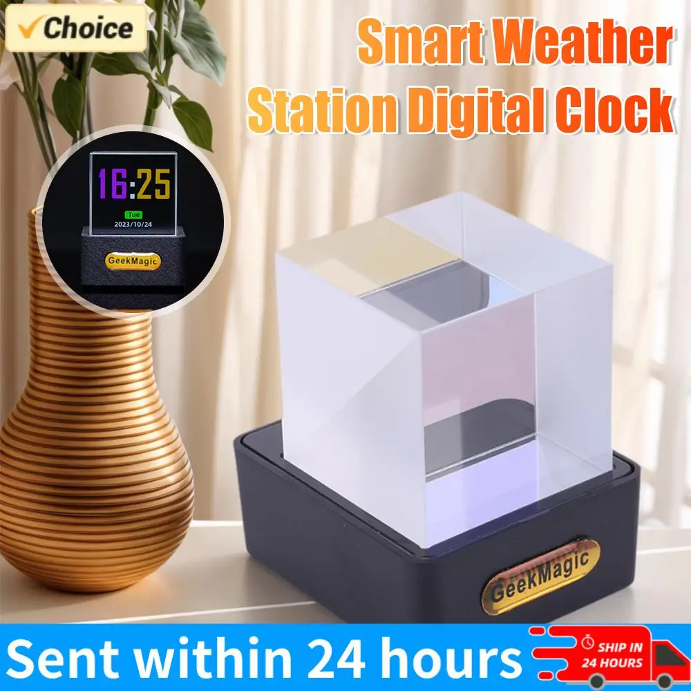 Crystal Cube Photo Display Holographic Desktop Smart Weather Station & Digital Clock with GIF Animations Desktop Decoration