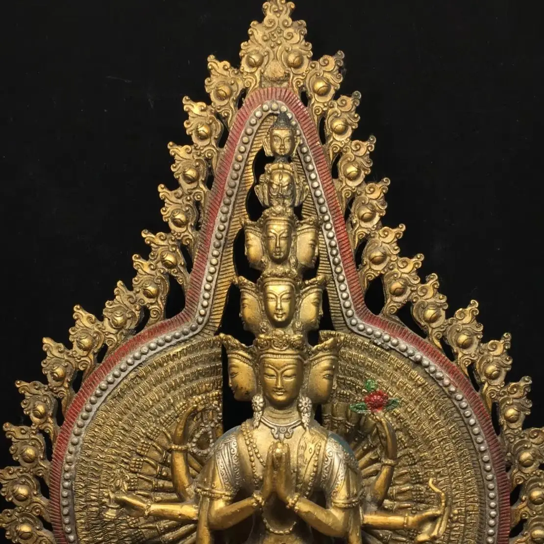 

16"Tibetan Temple Collection Old Bronze Painted Gilded 1000 arm Guanyin Thousand Hand Guanyin Station Buddha Worship Hall