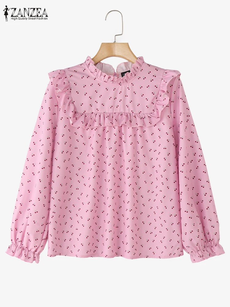 خمر قميص مطبوع ZANZEA المرأة عادية كم طويل بلايز الربيع الوقوف الرقبة العمل بلوزة أنيقة الكشكشة عطلة Blusas تونك