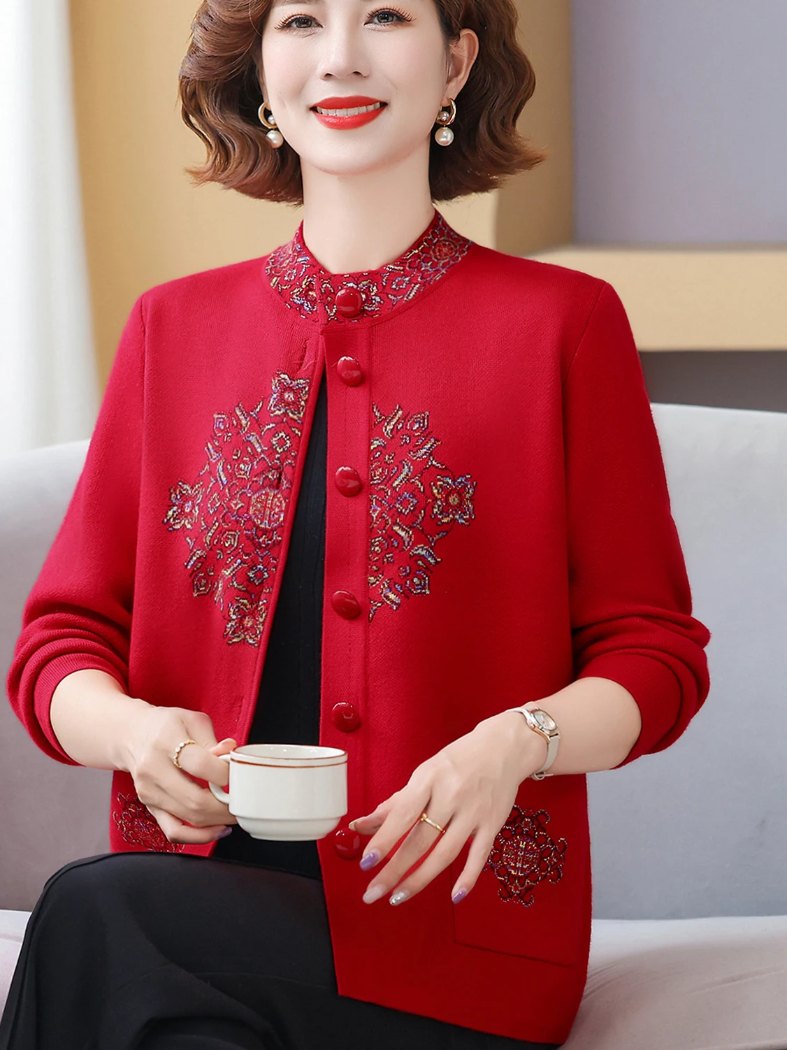 

Sli New Chinese Sle Knitted Cardigan Coat for Middle-Aged And ly with ket f High Collar Button Casual Wear