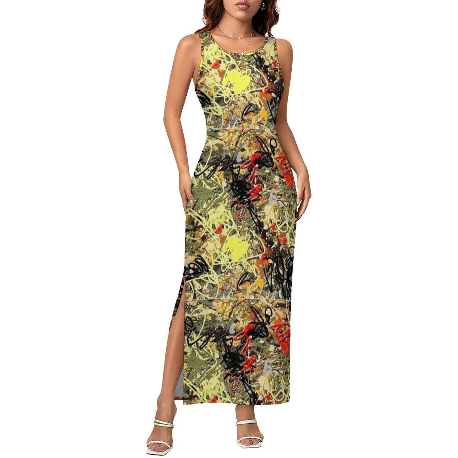 Female Bodycon Dress Slim Sexy Retro Chaos Splash Print Maxi Dresses Summer Sleeveless Street Fashion Graphic Dress Big Size 4XL