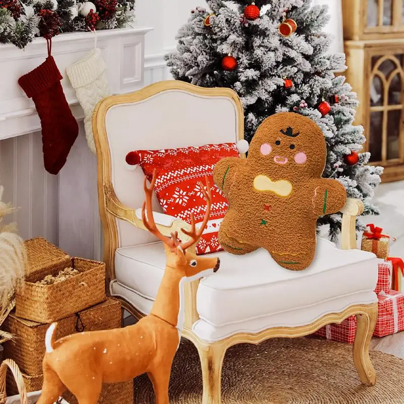 Gingerbread Man Cute Cartoon Christmas Throw Pillow Christmas Plush Soft Gingerbread Man Decor Christmas Decorative Pillows For