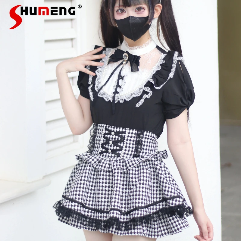 

Original Japanese Style Mine Mass-Produced Skirt Shirt Set Summer Sweet Cool Slim Fit Short Sleeve Top Mini Skirt Women Outfit