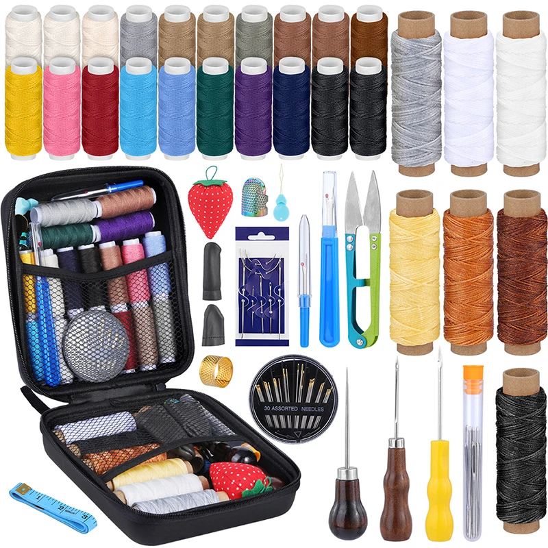 KRABALL Leather Stitching Sewing Kit Upholster Repair Tool Set with Steel Curved Needles Thread Sewing Awl Seam Ripper Thimble