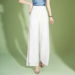 Summer Double Layer Chiffon Wide Leg Pants Women's Fashion Solid Elastic High Waist Button Korean Loose Split Straight Trousers