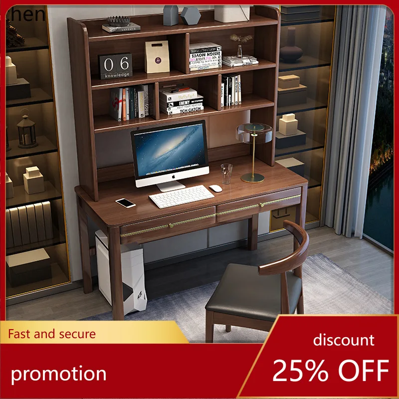 

HXL Solid Wood Desk and Bookshelf Combination Integrated Office Desk Home Writing Desk