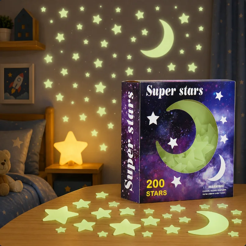 Multi-Size Mixed 3D Stereoscopic Luminous Stars And Moon Set Suitable 201 Pcs Glow in The Dark Stars for Ceiling Wall Decoration