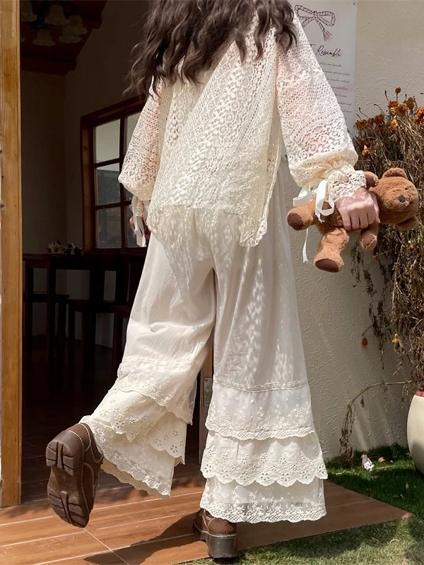 Lace Splicing Wide Leg Pants Women's Base Layer Pants Spring Summer Artistic Lady  Underpants Trousers