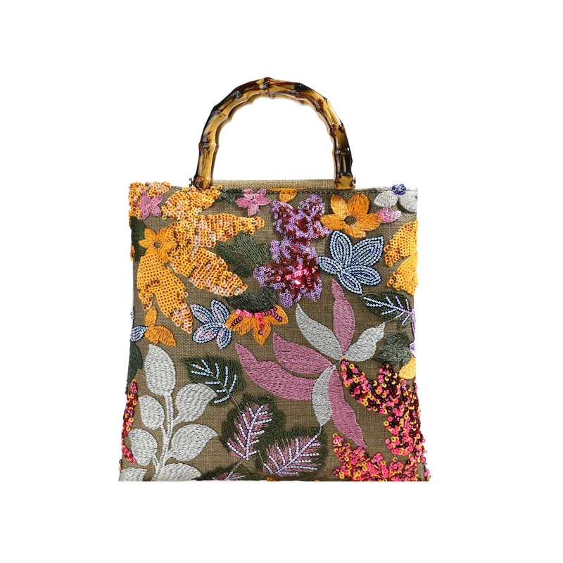 

New Bamboo Handle Tote Bag Women's Vintage Colorful Sequins Women's Handbag Glitter Embroidery National Linen Fabric Holiday Bag