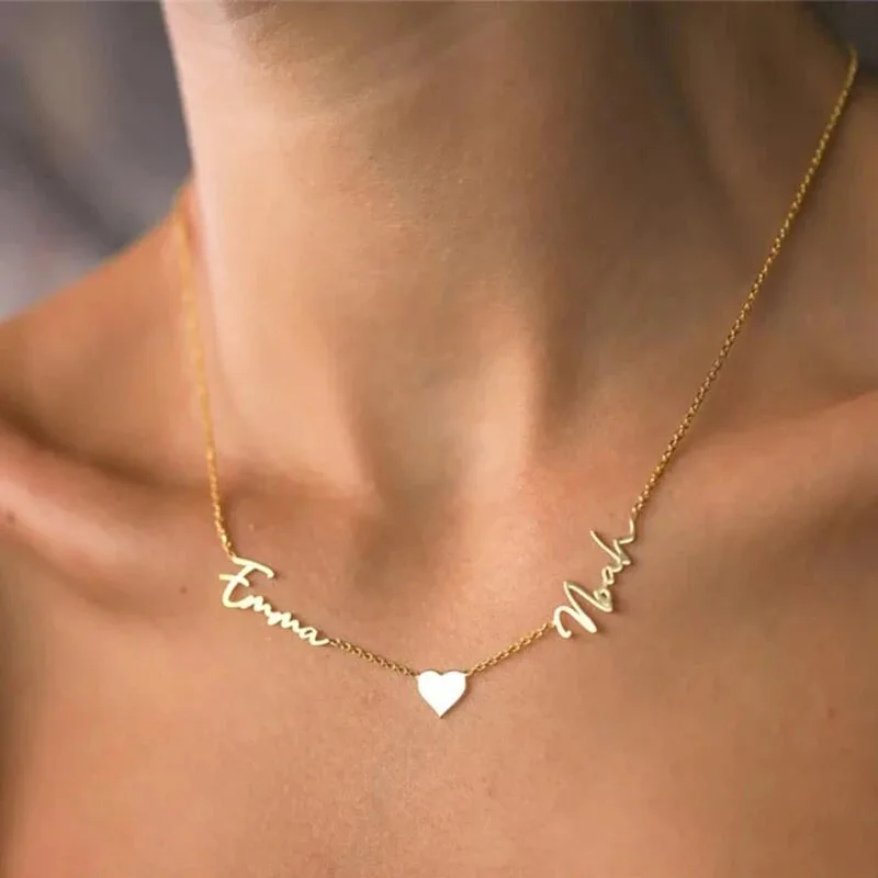 Personalized Two Name Necklaces With Heart Stainless Steel Custom Letter Couple Necklace Choker Stainless Steel Wedding Gift