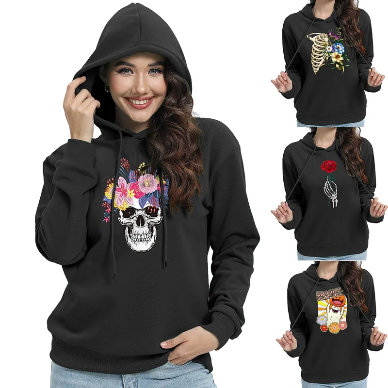 

Autumn Women Hoodies Gothic Hooded Sweatshirt Skull Pullover Black Streetwear Halloween Graphic Sweatshirts Female Tracksuit