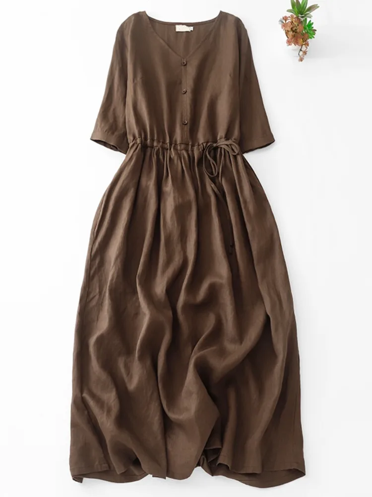 Retro Linen V-neck A-line Dress Women's Slimming Design Summer Gown with Belt Drawstring Midi Skirt Single Button Closure