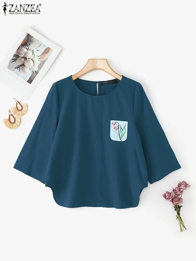 Zanzea moda feminina blusa de algodão solto impressão túnica topos 2025 outono 3/4 manga casual blusas femininas vintage senhoras camisas
