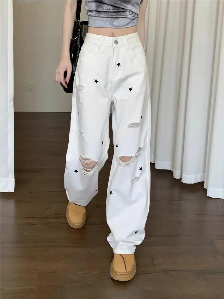 

ADAgirl Vintage White Ripped Boyfriend Jeans for Women Star Print High Wasit Wide Leg Pants Korean Summer Hole Straight Trousers