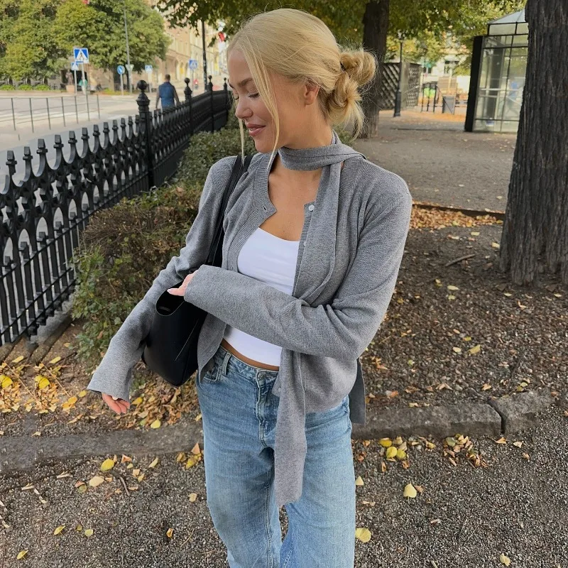 Tuularose femmes gris Cardigan mode solide écharpe décontractée mince simple bouton chandails haut nouveau basique bureau dame vêtements d'extérieur pour femmes