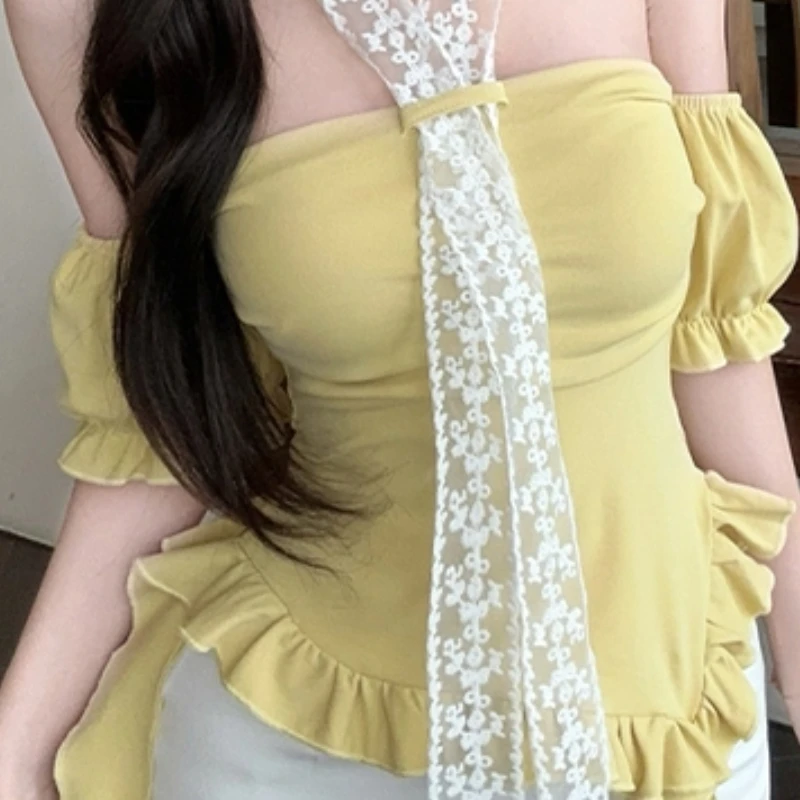 

Французский сексуальный топ Pure Desire на одно плечо с пышными рукавами и нерегулярной талией для похудения, короткий милый топ