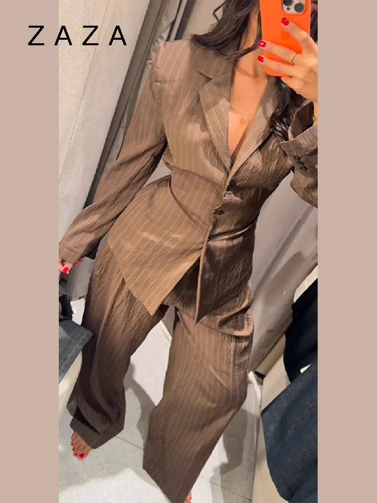 Vintage Brown Strip Blazer Jacket Pant Sets Padded Shoulder Slim Fit Suit Coat High Waist Casual Trousers 2025 New Autumn Outfit - Image 2