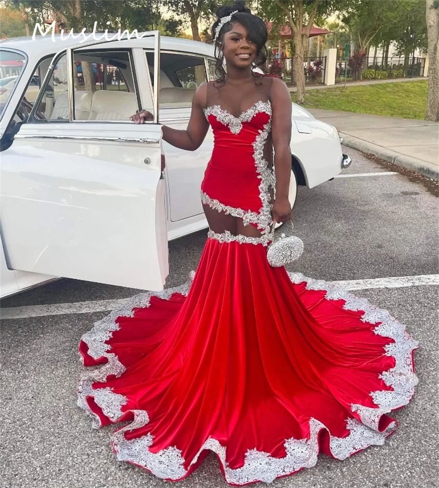 Amazing Red Evening Dress With Lace Elegant Illusion Mermaid African Prom Dresses Black Girls Pageant Formal Birthday Customized