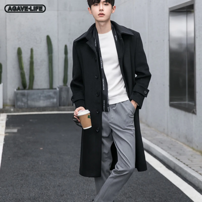 

Men's Windbreakers Autumn Winter Men Long Over The Knee Woolen Jacket Korean Handsome Men Lapel Fashion Leisure Slim Woolen Coat