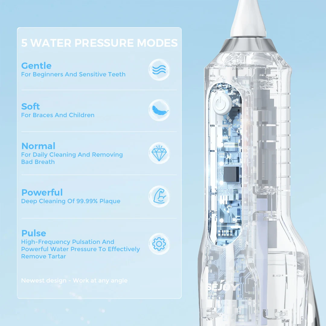 Sejoy جهاز تنظيف الأسنان بالماء الكهربائي اللاسلكي للأسنان المحمولة الأسنان عن طريق الفم الري قابلة للشحن اختيار المياه الأنظف للثة الصحية