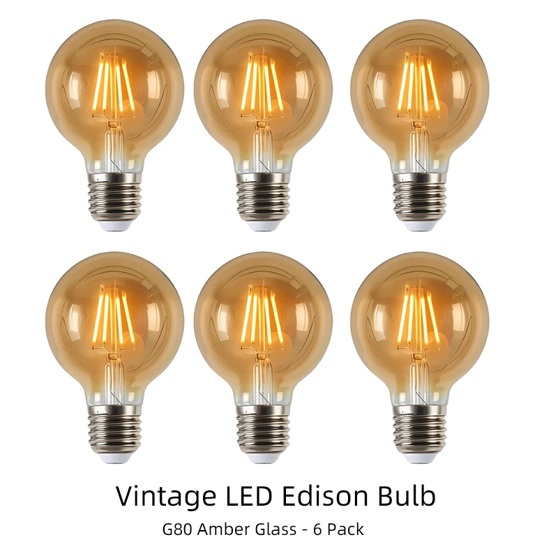 6pcs G80 LED Edison Bulb E27 4W Vintage Amber Glass Light Warm White 2200K Globe Filament Lamp Retro Industrial Decor Lighting