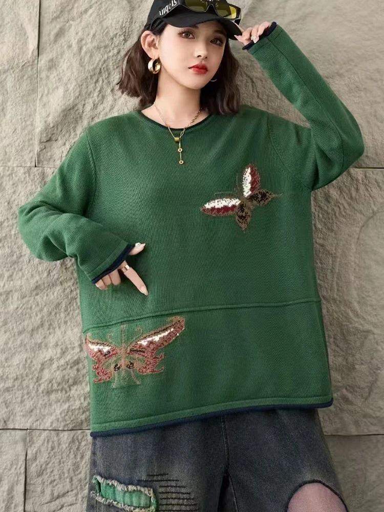 Amax lulue moda coreana jumpers outono feminino casual solto blusas de malha senhoras clássico bordado o pescoço pulôver de grandes dimensões