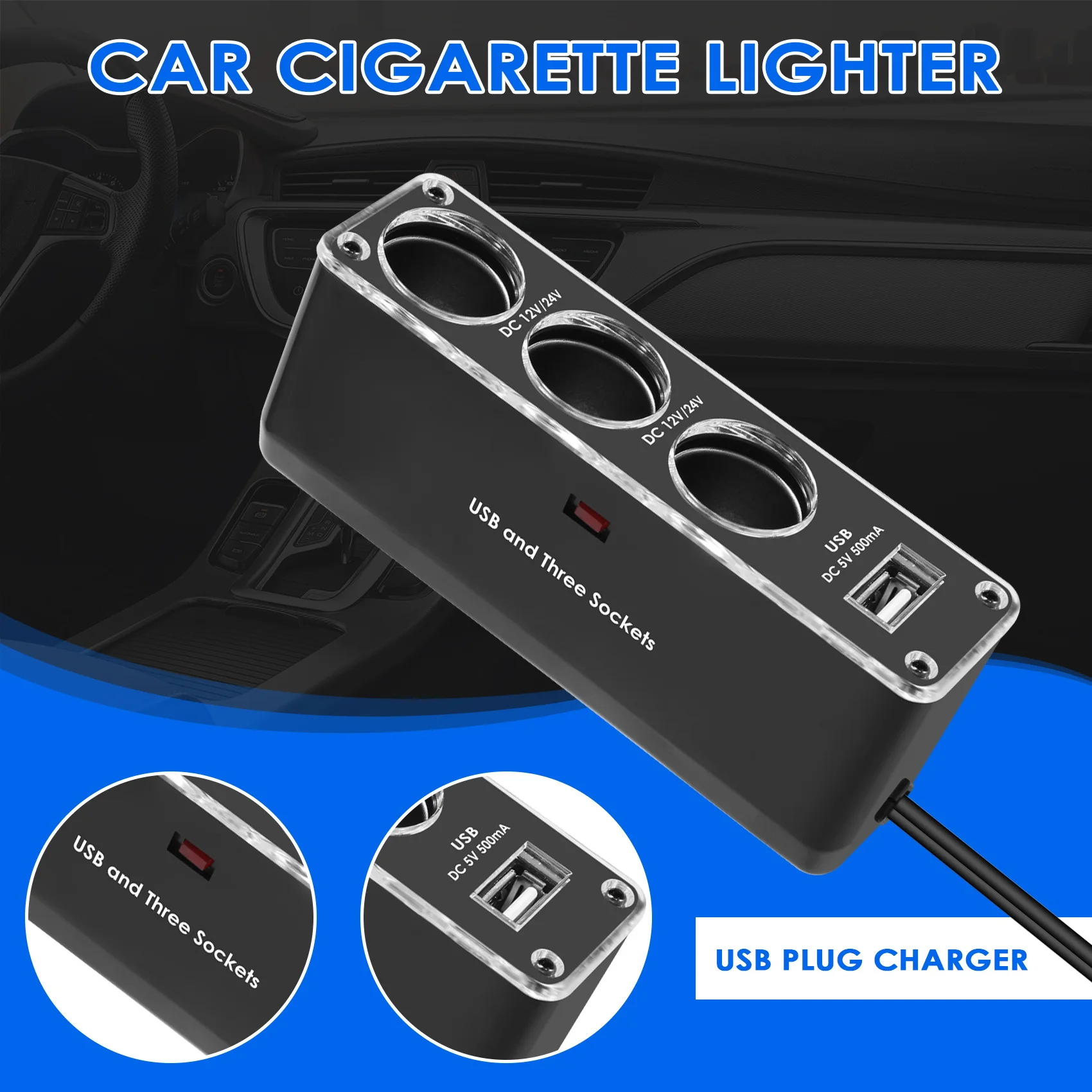 Новый 3-ходовой многоканальный разъем для автомобиля, комбинезон CIGARETTE LIGHTER, USB-разъем, зарядное устройство, 12 В/24 В постоянного тока, тройной адаптер с USB-портом