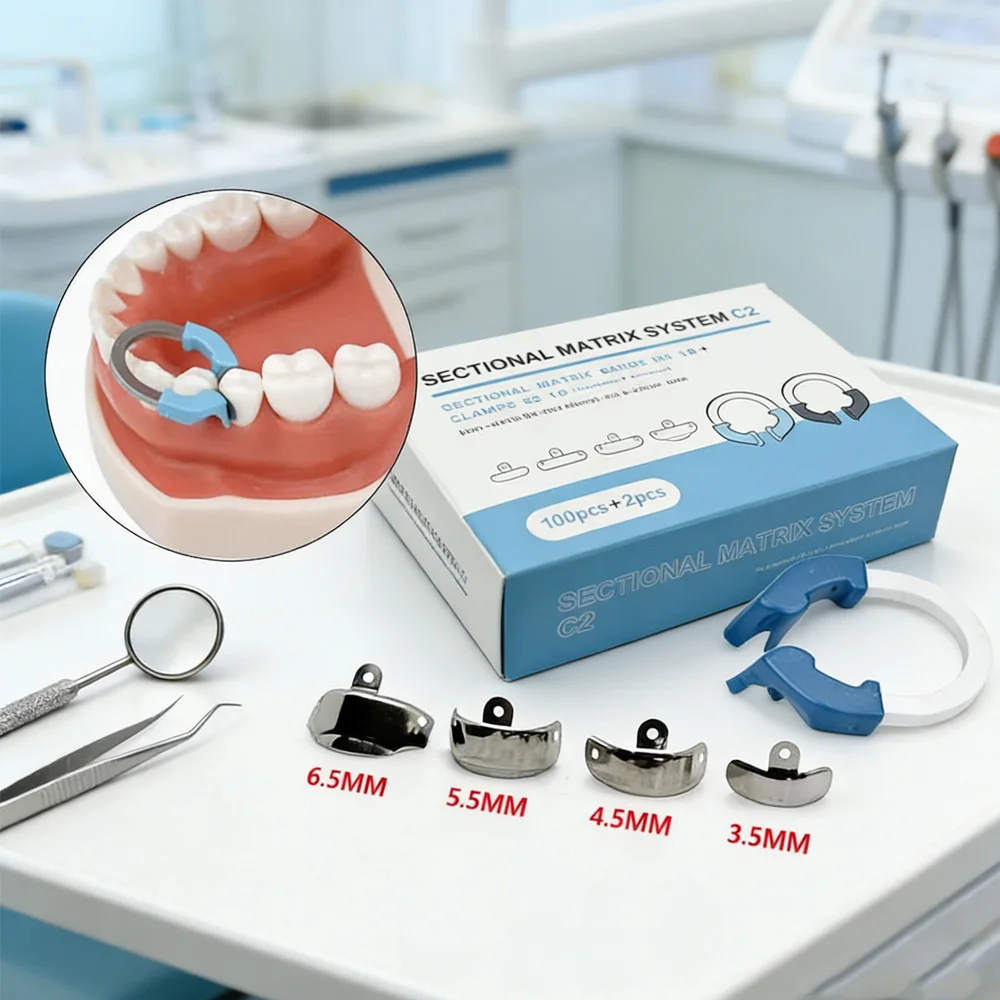 

Набор зуботехнических матричных лент NiTi: контурные матрицы с зажимным кольцом, секционная система, никель-титановые зажимные элементы, инструменты для стоматологов