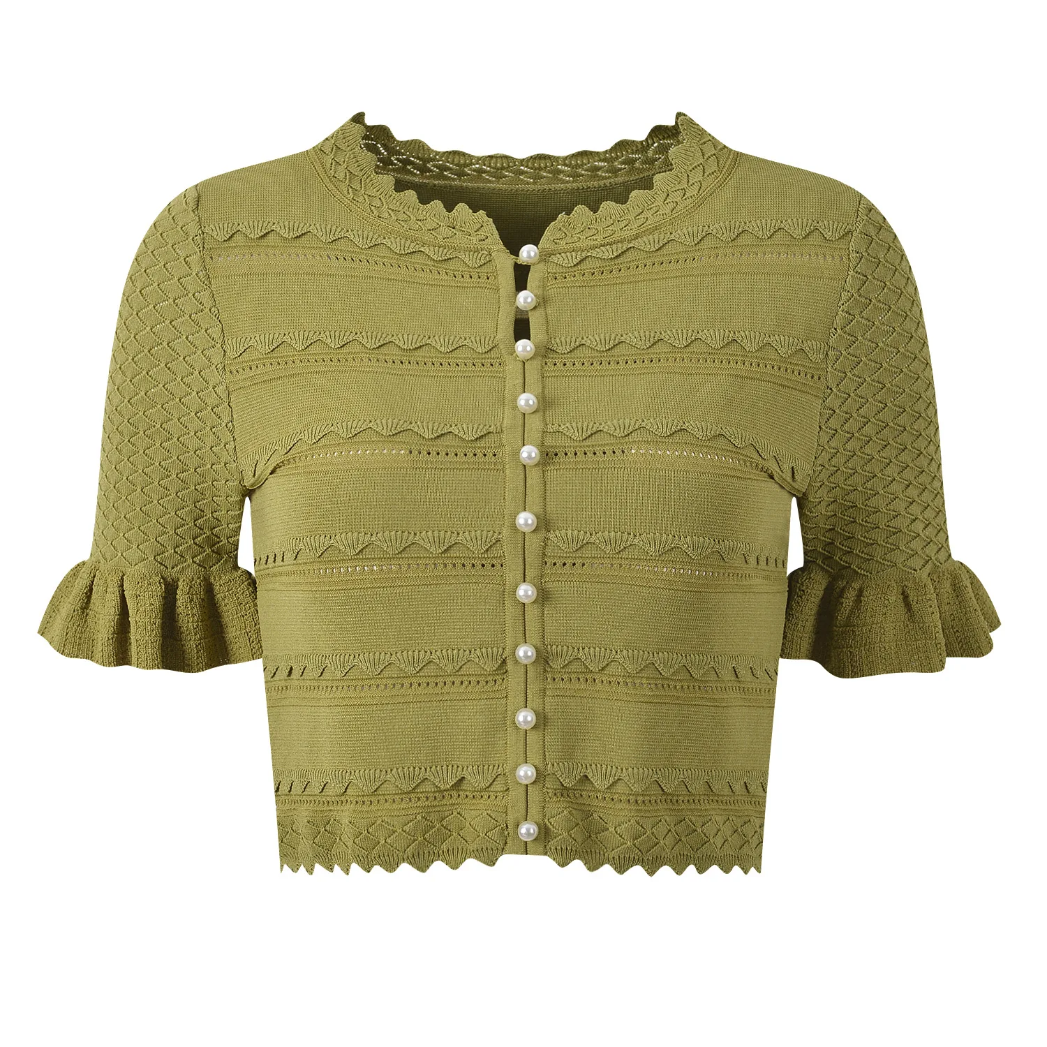 O-neck Short Sleeve Single-breasted Cardigan Layers Ruffles A-line Mini Skirt Women Summer Solid Knits Suit