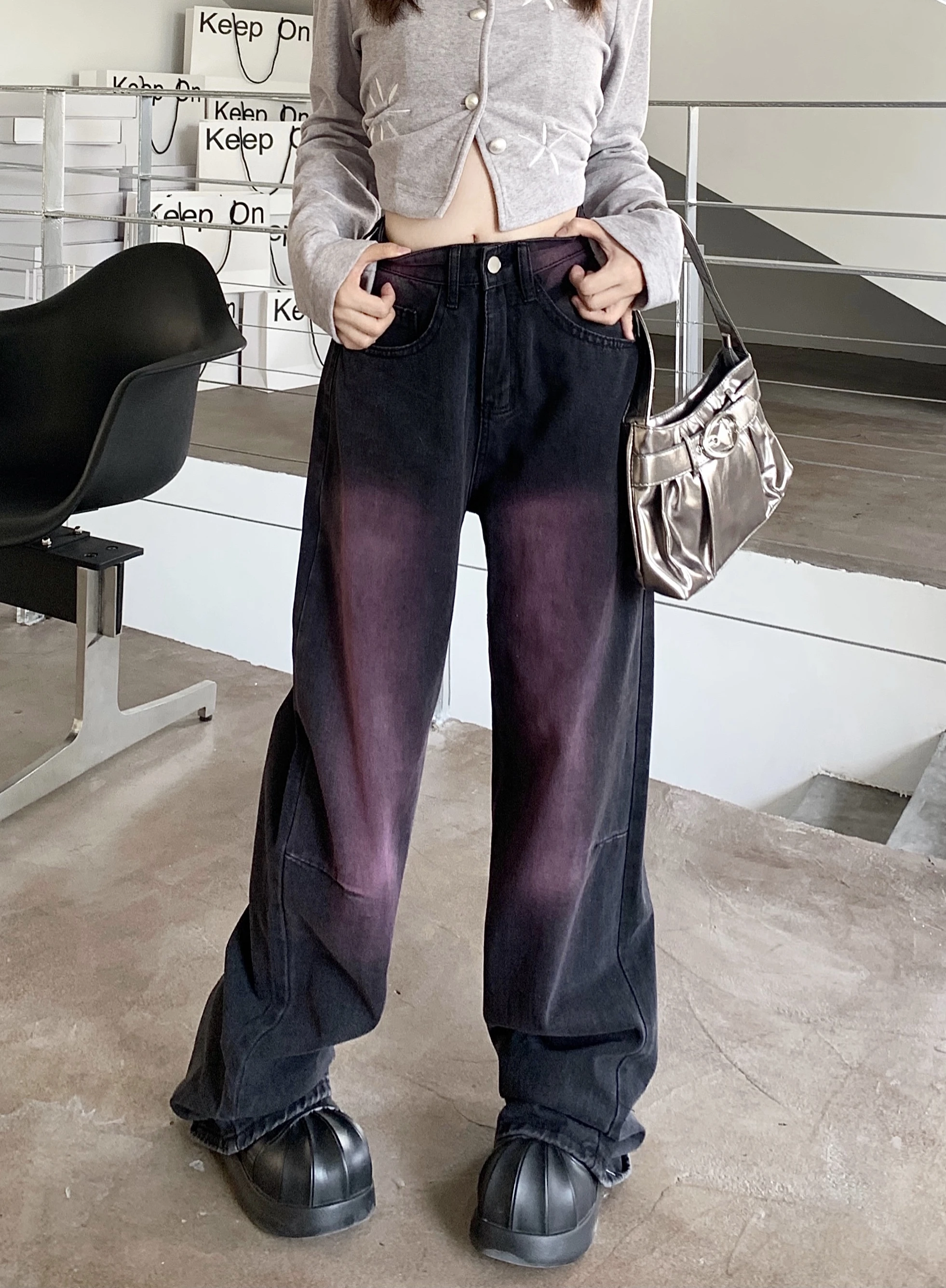 Autumn and Winter 2024 New High Waist Slimming Black and Gray Jeans Women Loose Wide Leg Pants Straight Mop Pants