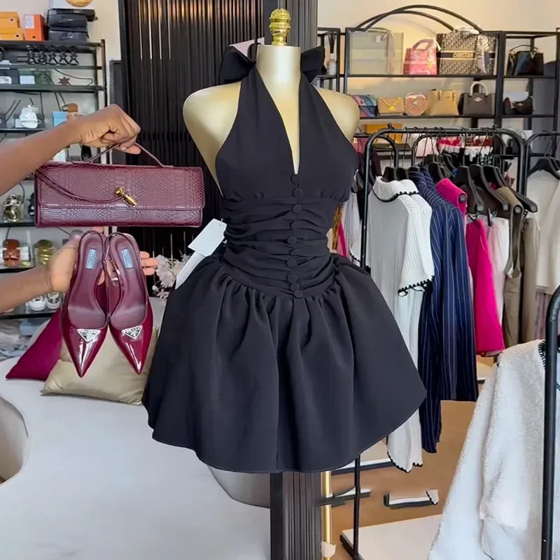 

Summer New Arrival Short Backless V-Neck Butterfly Knot Hanging Neckline High Waist Dress Elegant Quality Women's Fashion Dress