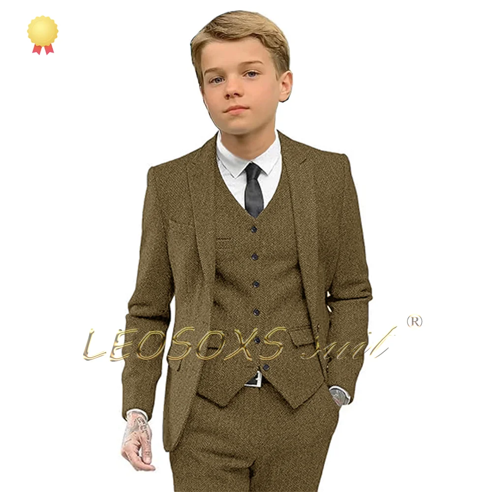 Boys' herringbone suit formalwear 3-piece set, suitable for children's wedding parties, featuring a stylish tailcoat