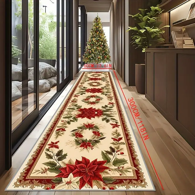 VIKAMA Classic Christmas Floral Border Runner Rug Non‑Slip Long Floor Mat Hallway Entryway Living Room Holiday Home Decoration