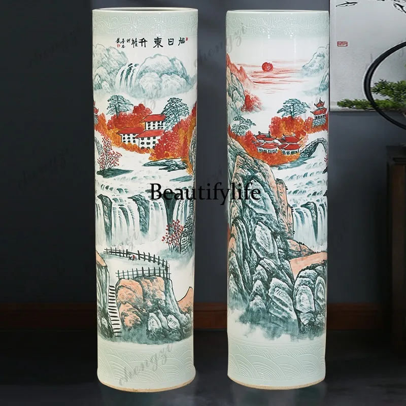 Jingdezhen ceramic ornaments decorative porcelain floor-to-ceiling vase new Chinese retro hand-painted high straight large