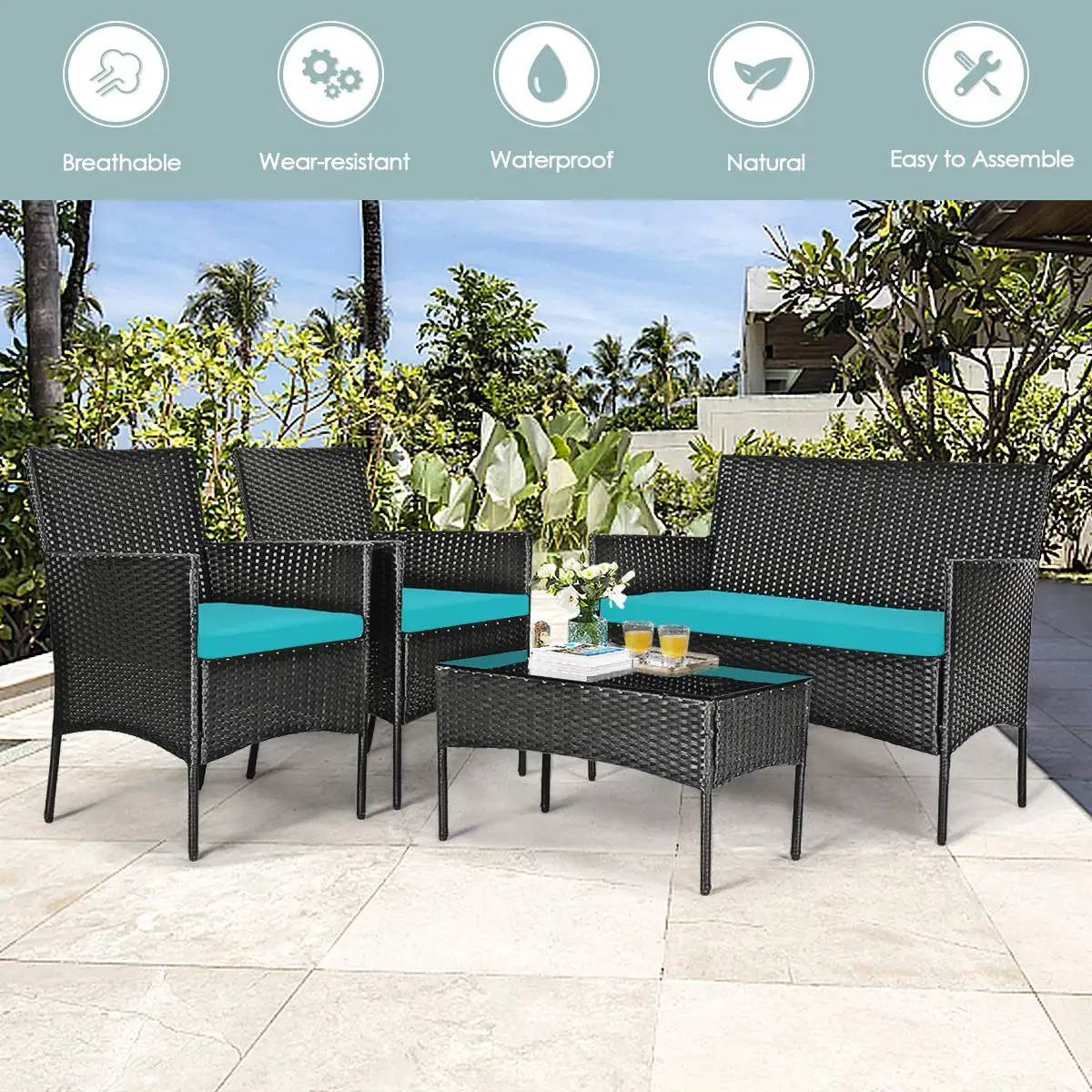 Rattan Wicker Patio Furniture 8-Piece Sofa Set with Glass Table & Removable Cushions for Garden Poolside, Customized