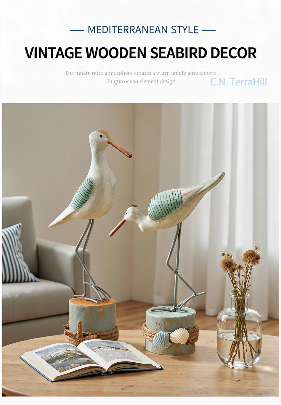 Wooden Seagull Ornament Marine Bird Tree Stump Decor for Home Shelf Tabletop