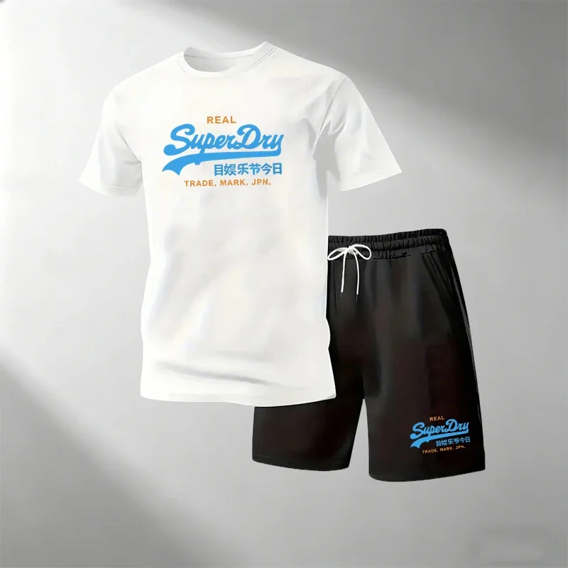 Men Summer Street Fitness Tracksuit 2 Piece Outfit, Round Neck T-shirt Shorts Quick Dry Breathable Running Jogger Set