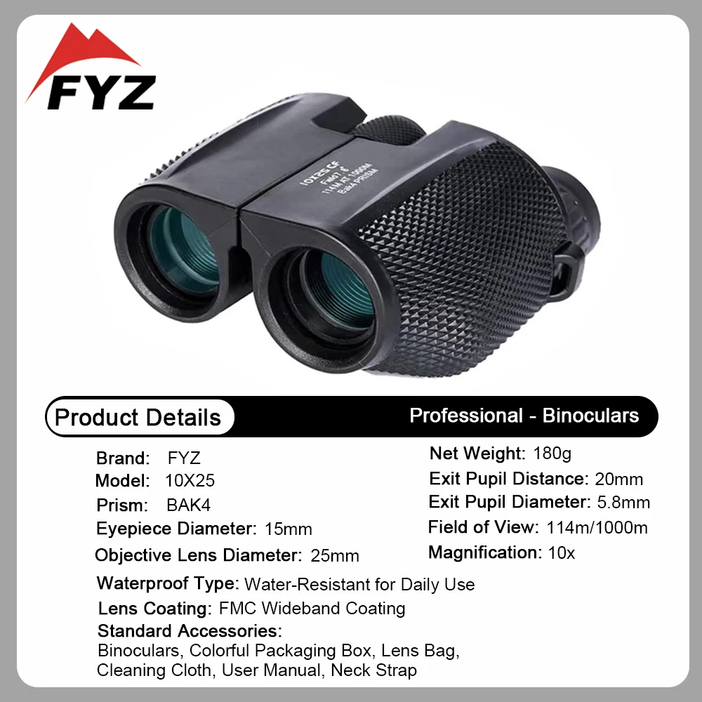 FYZ Professional Binoculars 10X25 HD Mini Portable Telescope BAK4 Coated Telescope Outdoor Bird Watching Hunting Travel Camping