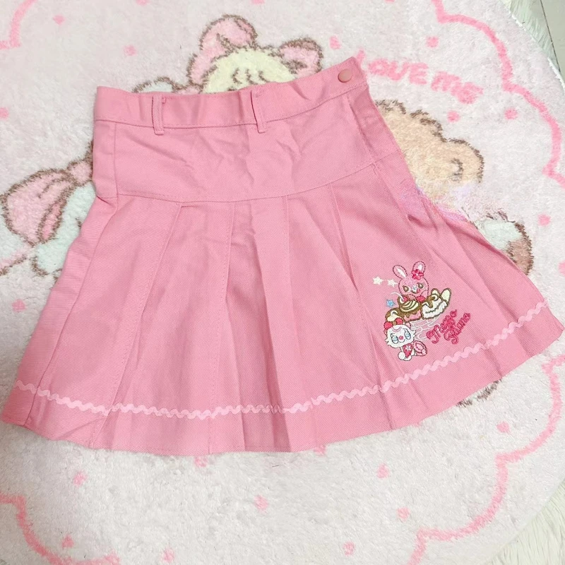 Falda plisada rosa dulce estilo japonés Lolita para mujer, faldas cortas con bordado de dibujos animados Kawaii Coreano, minifaldas bonitas con forma de pastel para mujer