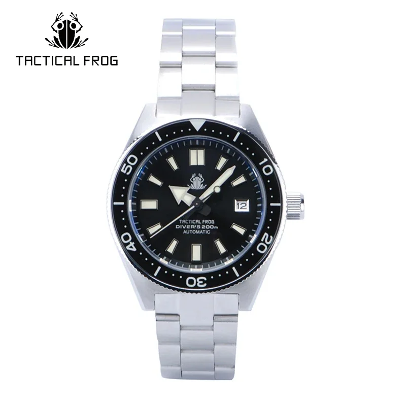 Tactical Frog Mens Diver Watches 62Mas Automatic Wristwatch Military Diving 200M Waterproof C3 Luminous Sapphire NH35 Steel Band