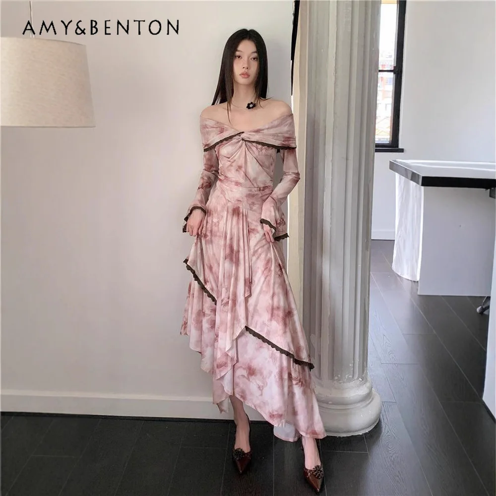 

2025 Summer New French Vacation Style Off-Shoulder Tie-Dye Dress with Lace Trim High-End Design Pink Irregular Long Dress