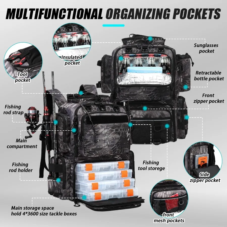 กระเป๋าเป้ตกปลาแบบยุทธวิธี ทนทาน พร้อมกล่องใส่อุปกรณ์ ที่วางคันเบ็ด ที่ใส่ขวดน้ำ ความจุ 50 ลิตร กระเป๋าใส่อุปกรณ์ตกปลาขนาดใหญ่ จัดเก็บอุปกรณ์และเครื่องมือ