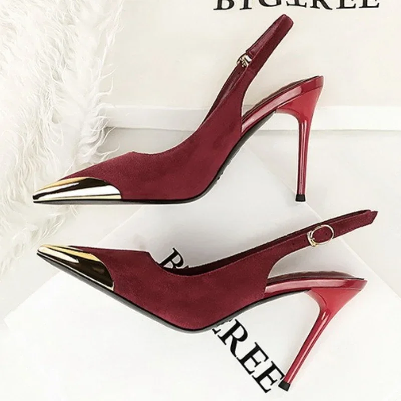 BIGTREE شارع نمط مثير المعادن أشار تو مشبك حزام النساء مضخات متجرد الصنادل Slingback عالية الكعب أحذية نسائية