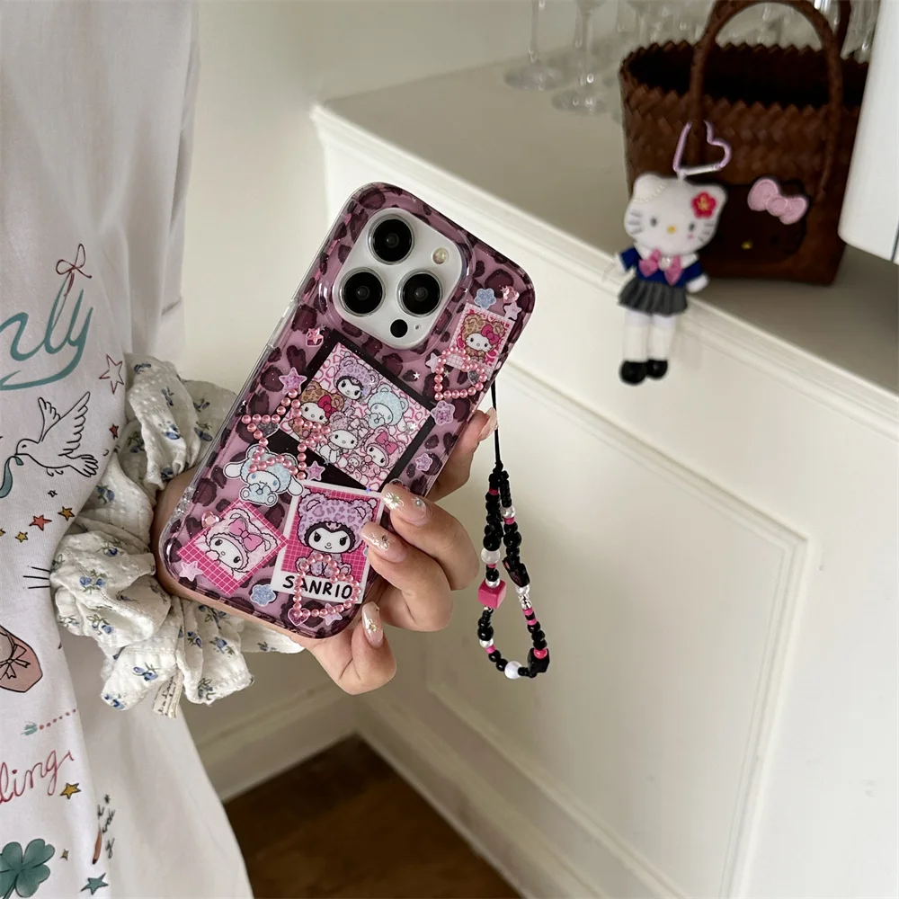 

Funny Leopard Print Sanrio Phone Case for iPhone 16 Pro 13 14 16 15 Pro Max Cover with Hinges Cute Cartoon New Girls Shock Funda