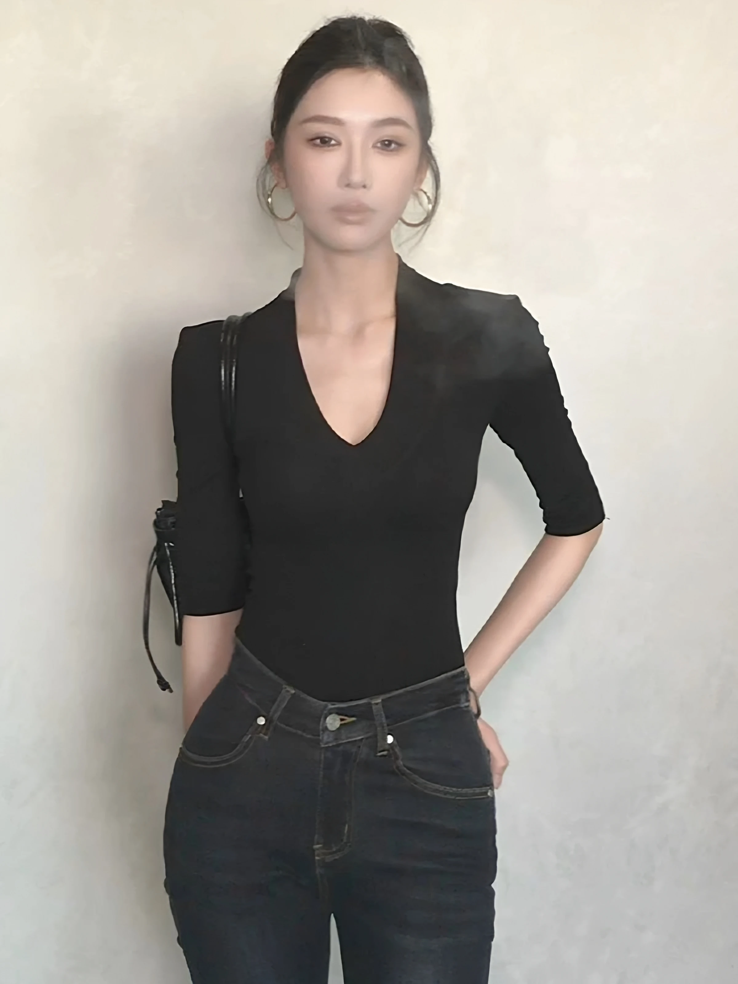 Slim Fit V-Neck Mid-Sleeve T-Shirt 95% Cotton Women's Top Summer New Style plus Size Flattering Base Layer Shirt